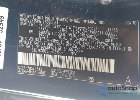 2011 Toyota Sienna Xle V6 z USA, uszkodzony, nr VIN 5TDYK3DC6BS021552